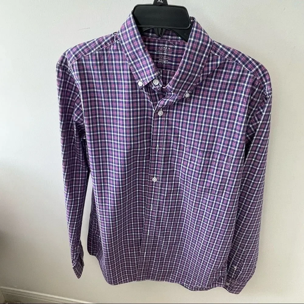 J Crew Size Medium long Sleeve Dress Shirt Purple Plaid Light Weight 100% Cotton - Picture 1 of 5